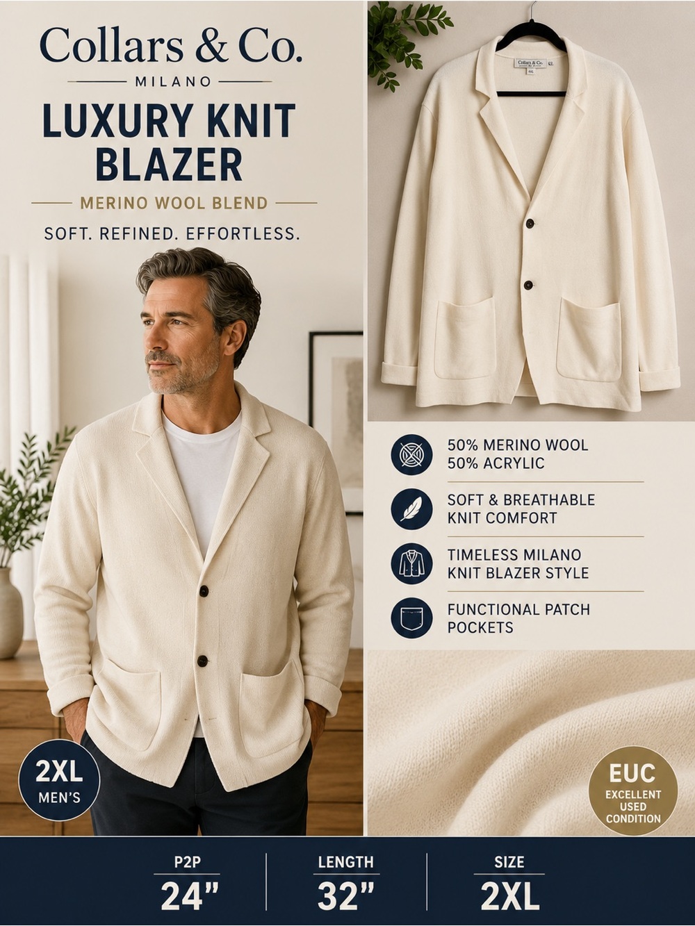 Collars & Co Milano Luxury Knit Blazer 2XL Merino Wool Cream Sweater Jacket